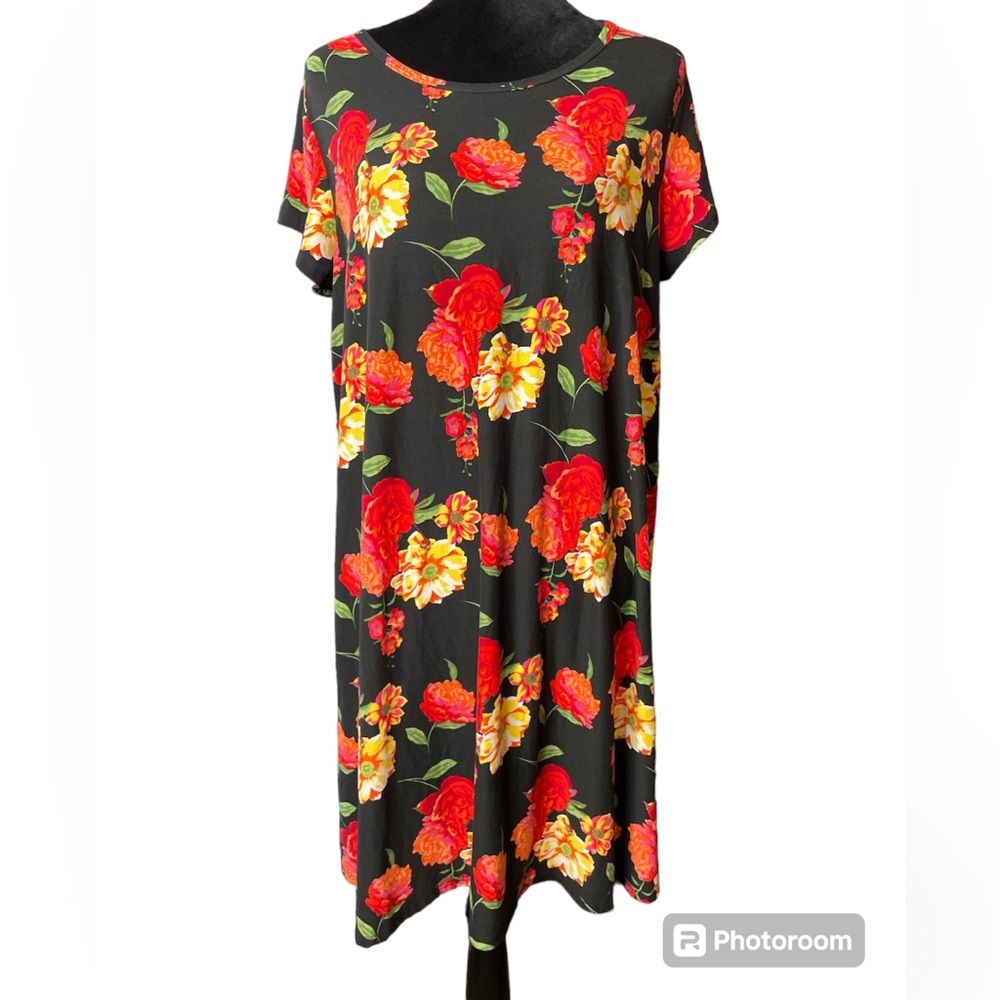 Forever Rose Couture Black With Red & Orange Rose Floral  MIDI Dress